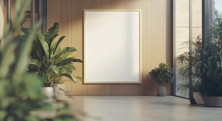 Mockup of a minimalist empty white poster frame displayed in a serene indoor plant-filled environment with natural light
