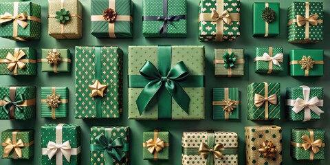 A Collection of Luxuriously Wrapped Emerald and Gold Presents for a Festive Celebration