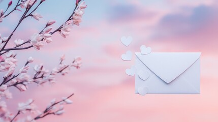 Love letter envelope with paper craft hearts on pink background – flat lay, valentine's or anniversary theme
