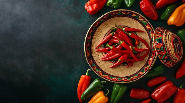 Vibrant Display of Fresh Mexican Chili Peppers in Colorful Sombrero on Dark Background Perfect for Fiesta or Culinary Themes - Powered by Adobe