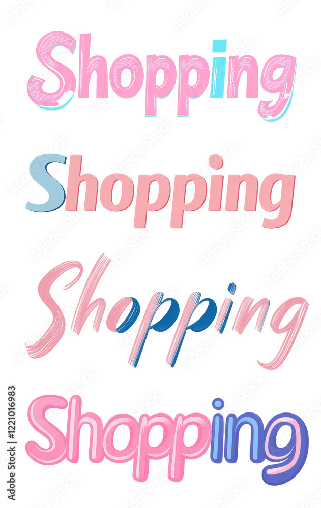 Aufkleber the image showcases four different artistic renderings of the word shopping in varying pastel pink a