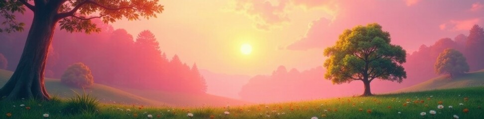 Gentle gradient of pink to orange hues in the background, complementing a serene forest environment, peaceful, greenery, tree