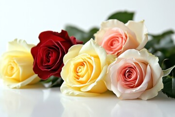A delicate arrangement of yellow, white, red, and pink roses scattered gently across a smooth white surface. Each rose showcases its unique color and graceful petals