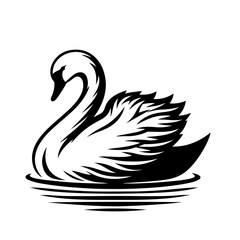 Elegant Swan Silhouette: A graceful swan, rendered in a classic black and white silhouette, glides serenely across the surface of a tranquil lake.