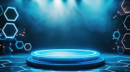 High-tech stage design featuring glowing elements event venue digital art futuristic environment dynamic viewpoint