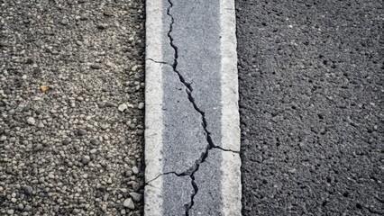 Obraz premium Cracked asphalt roadway surface with contrasting aggregate textures and a central dividing line showing significant wear and tear