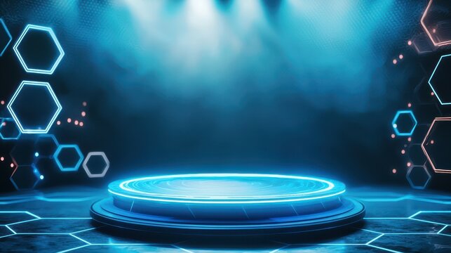 High-tech stage design featuring glowing elements event venue digital art futuristic environment dynamic viewpoint