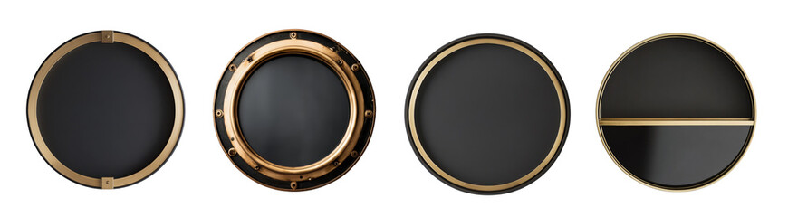 Obraz premium Three stylish circular wall mirrors, featuring a nautical porthole design and a shelf variant, add modern elegance to any interior space.