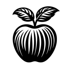 Black and White Apple Illustration: A classic and simple silhouette of a whole apple with two leaves, drawn in bold black lines against a clean backdrop.  