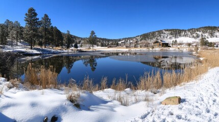 Fototapeta premium Mountain Cabin Winter Lakeside Serenity Scene