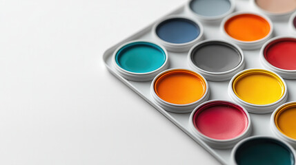 close up of white portable watercolor palette featuring vibrant colors including blue, orange, yellow, and red, perfect for artists and creative projects