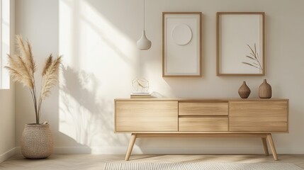 A beige home living room featuring a drawer and art decorations, with mockup frames on the wall providing a customizable display space for personal or artistic elements.