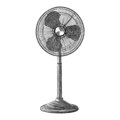 Electric Standing Tall Fan Detailed Black and White Outline Line Art Drawing Isolated on White