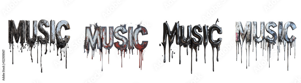 Poster The image showcases a stylized representation of the word MUSIC in four variations with a melted metal appearance and dripping effect.