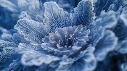 Detailed close-up of a blue flower exhibiting intricate textures and patterns, showcasing natural beauty and complexity in a serene setting