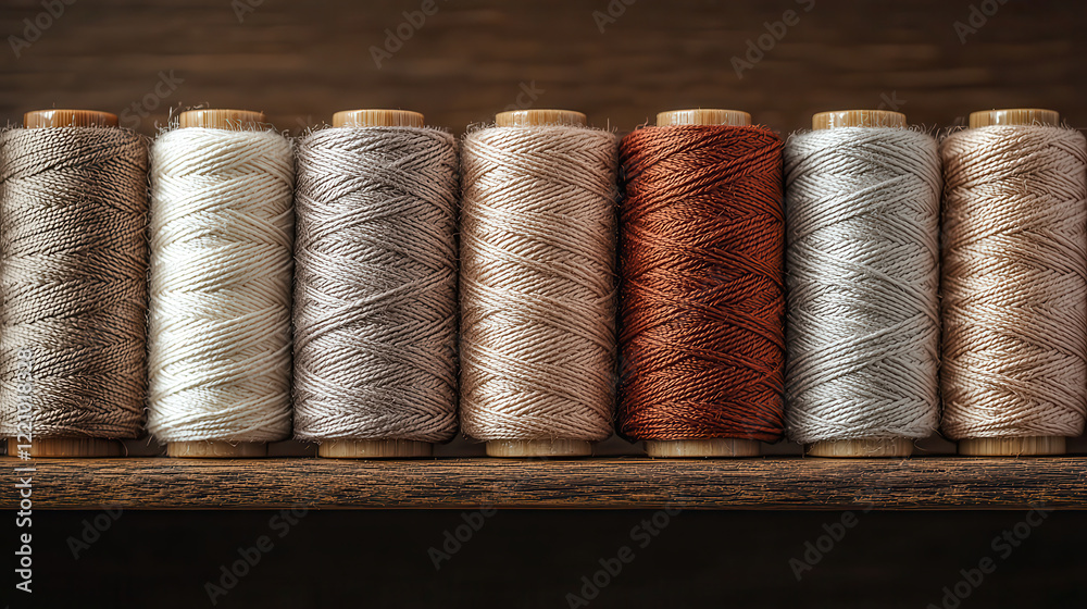 Poster close up of spools of thread arranged symmetrically on shelf, showcasing various shades of beige, br