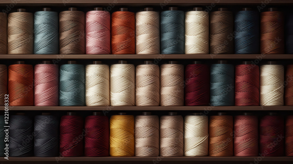 Poster close up of colorful spools of thread arranged symmetrically on shelf, showcasing variety of hues and textures that evoke creativity and craftsmanship