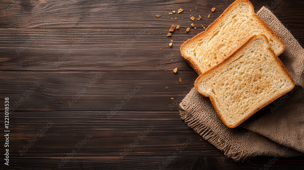 Aufkleber Toasted bread slices on burlap cloth, with crumbs scattered on wooden table, create warm and inviting atmosphere