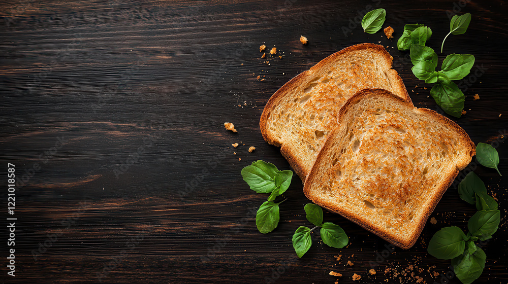 Poster Toasted bread slices with fresh basil on dark wooden surface, creating warm and inviting atmosphere. Perfect for breakfast or snack