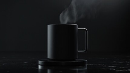 A high-definition image of a dark black coffee mug sitting on a glossy black surface, with steam gently rising and diffusing into the air against the black backdrop