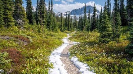 Obraz premium Mountain Trail Winding Through Alpine Meadow