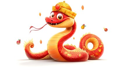 Obraz premium Cheerful Red and Gold Snake Character Wearing Traditional Chinese Hat on White Background