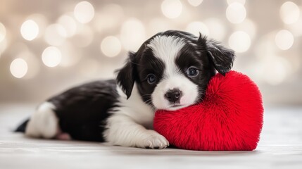Happy valentines day, Tiny black and white puppy gently resting its head on a plush red heart with bokeh background. Pet lovers concept.