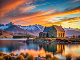 Fototapeta premium Stunning Lake Tekapo Sunrise, South Island New Zealand, Copy Space