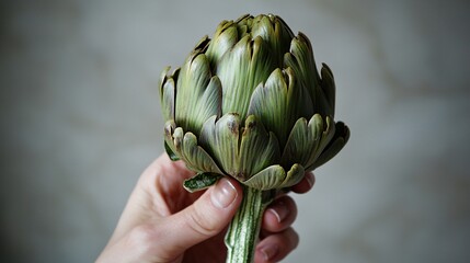Fototapeta premium hand holding a single artichoke, emphasizing its size and unique shape.Focuses on the tactile experience and the connection between the individual and the food. Artichoke Superfood 