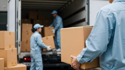 Team of movers carefully carrying boxes from a truck, focused on organization and safety, providing reliable packing and moving services for residential or commercial needs