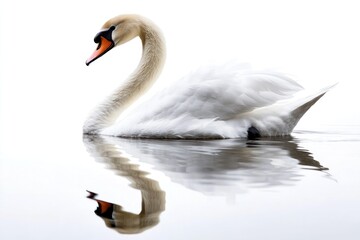 Fototapeta premium A majestic swan swimming in still water, the swans soft, crisp reflection creating symmetry in the calm environment, set against a light