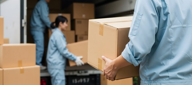 Delivery professionals loading or unloading boxes from a truck to the destination, showcasing reliable and organized packing and moving services for homes or offices banner and cover