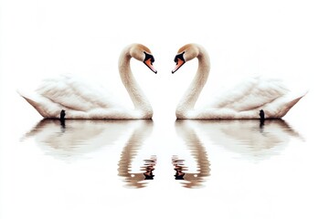 Obraz premium A pair of swans gliding side by side, their reflections perfectly aligned on the calm water surface, with a subtle white background creating a feeling of tranquility