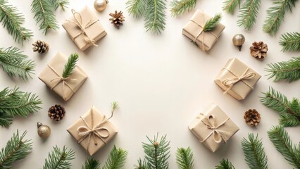 A Festive Arrangement of Wrapped Gifts and Evergreen Branches for a Holiday Celebration