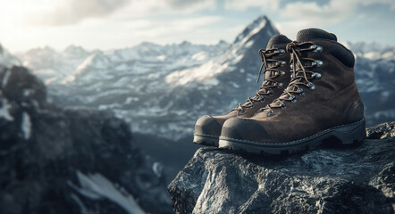 Rugged hiking boots resting on rocky terrain with stunning mountain backdrop during golden hour