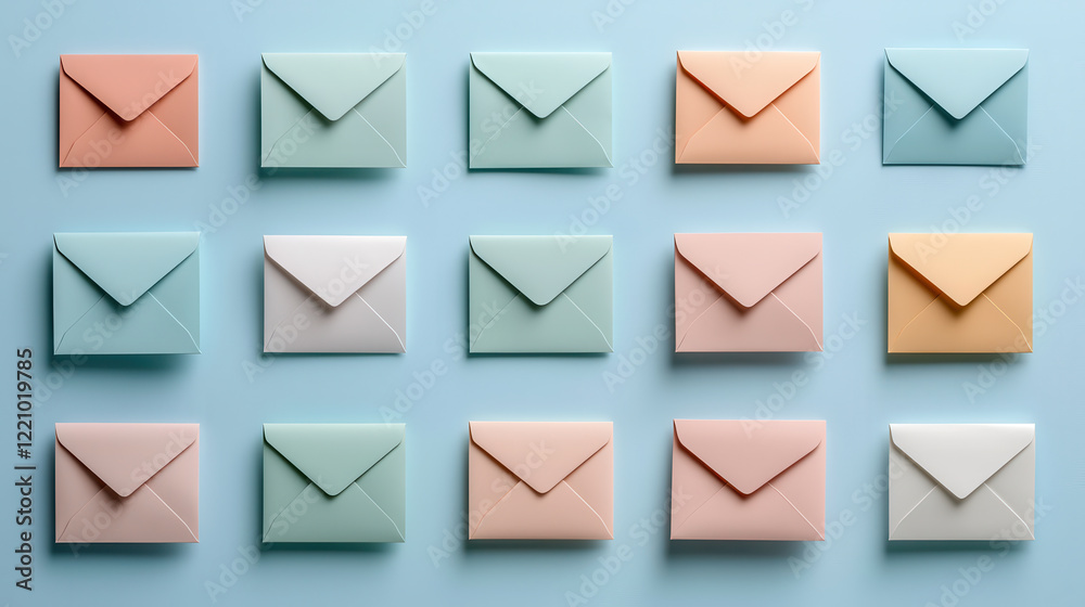 Fototapete collection of 16 soft pastel colored 3D envelopes arranged neatly on blue background, creating visually appealing and organized display