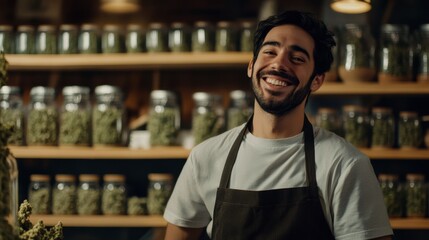 Smiling worker in a cannabis shop with jars of products - obrazy, fototapety, plakaty