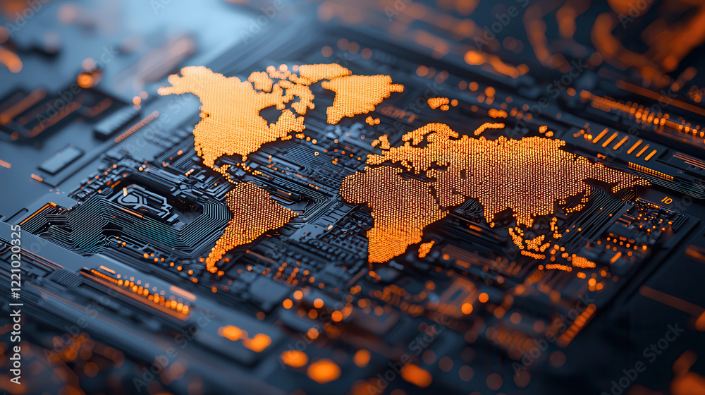 Aufkleber digital representation of world map created with circuit patterns, showcasing technology and connectivity. glowing orange elements highlight continents against dark background