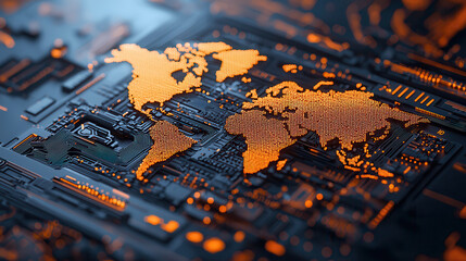 digital representation of world map created with circuit patterns, showcasing technology and connectivity. glowing orange elements highlight continents against dark background