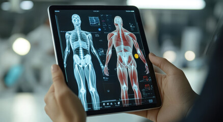 Individual exploring human anatomy on an iPad in a modern educational setting during a biology class