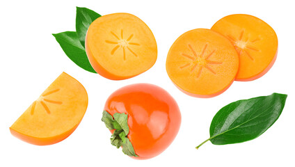 sliced ripe persimmon isolated on white background. clipping path