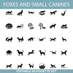 Foxes, Small Canines, Silhouette Icons, Editable Set, Wildlife, Nature, Animals, Vectors, Graphic, D