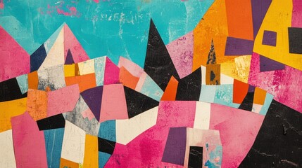 Abstract Collage Cityscape Vivid Colors Geometric Shapes