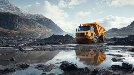 Yellow Dump Truck in Mountainous Mining Area