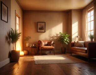 Fototapeta premium A soft warm glow emanating from a beautifully painted room featuring earthy tones and natural textures , cozy living space, calming atmosphere