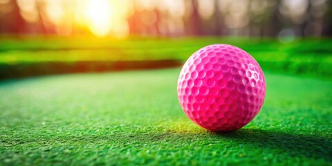 Naklejka premium A vibrant pink golf ball rests on a lush green putting surface, bathed in the warm glow of the setting sun, creating a tranquil and picturesque scene.
