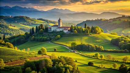 Obraz premium Rosazzo Abbey, Friuli, Italy: Panoramic Countryside Landscape with High Depth of Field