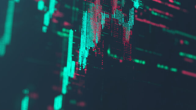 Close up of digital graph and data on a black screen. Blurred background for technology, business, stock and finance.