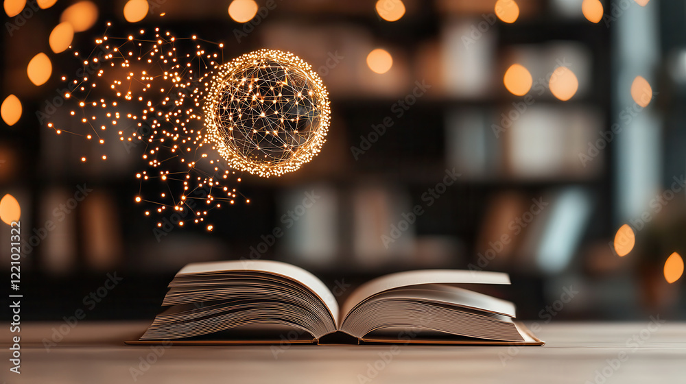 Fototapete creative design of open book with holographic globe above it, surrounded by glowing particles, creat