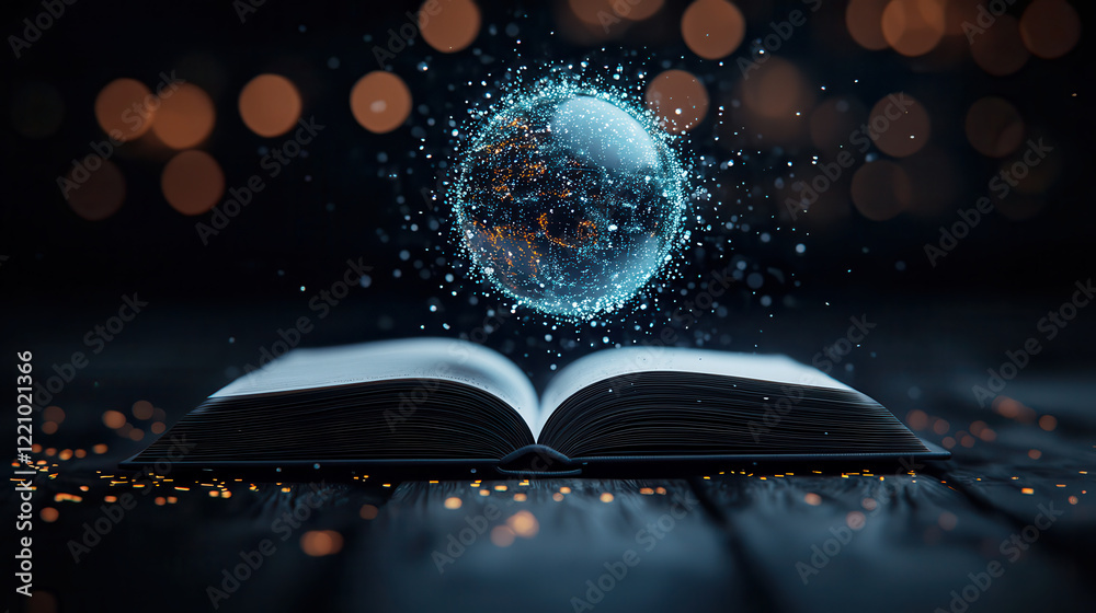 Leinwandbilder creative design of open book with holographic globe floating above it, surrounded by sparkling particles and blurred background of lights, evokes sense of wonder and imagination